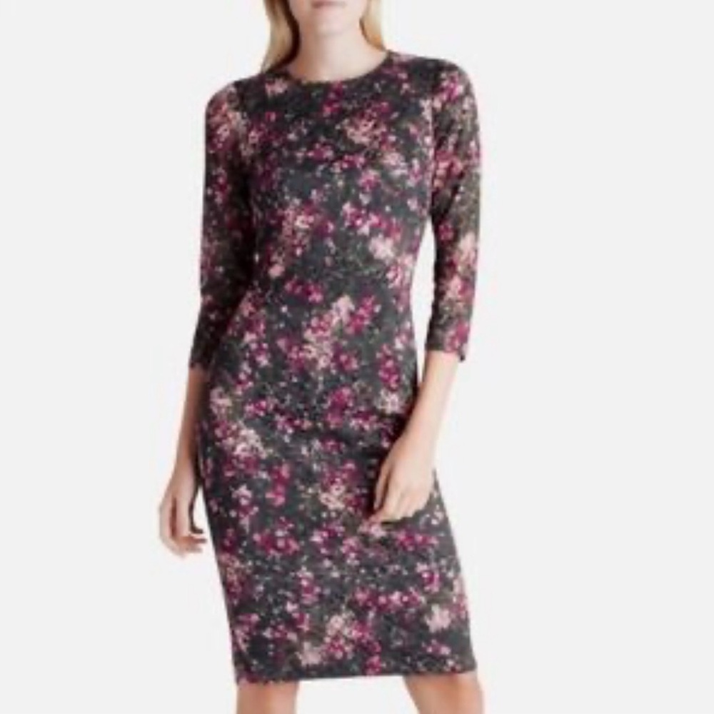 Kensie Dark Floral Sheath Dress with Pink Accents‎